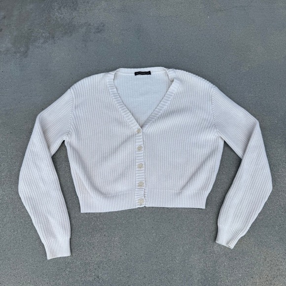Brandy Melville Sweaters - Brandy Melville Cream White Cotton Ribbed V-Neck Button Cardigan Sweater Size S